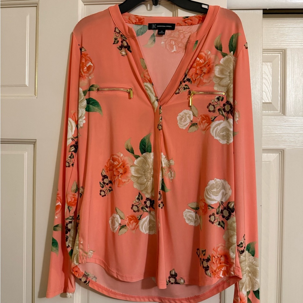 INC International Concepts Coral Floral Blouse with Gold Zippers